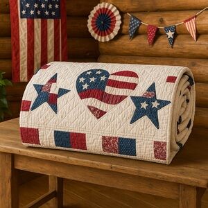 Vintage Americana Patriotic Heart & Stars Quilt Throw 50”x60” Red White Blue USA